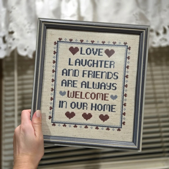 Other - Vintage Framed Needlepoint Cross Stitch Hanging - Love Laughter Friends Welcome